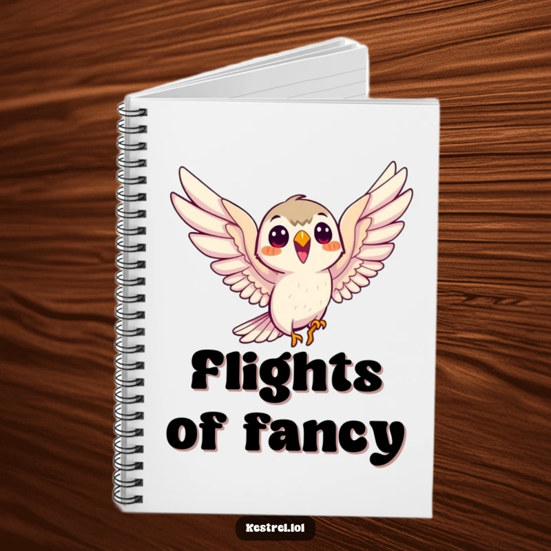 Funny smiling kestrel notebook, the bird eagerly soaring with outstretched wings, ready to capture inspiring ideas.