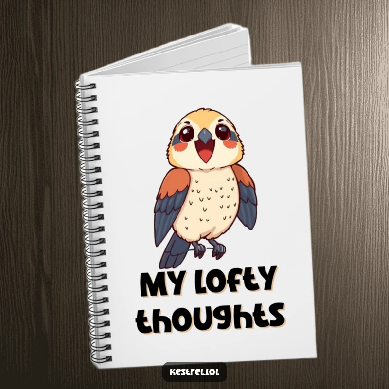 Funny kestrel notebook featuring a thrilled bird character perching proudly, perfect for documenting proud moments and big ideas.