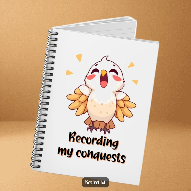Funny triumphant kestrel notebook, depicting a bird crying out in celebration, ideal for documenting achievements.