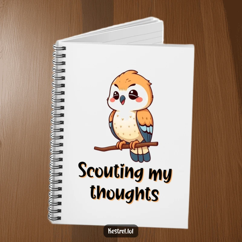 Funny winking kestrel notebook, the bird playfully scouting from a high perch, ideal for capturing notes and plans.
