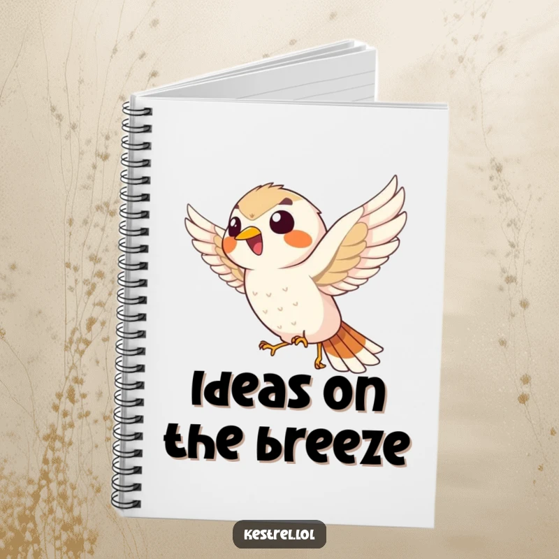 Funny giggling kestrel notebook, the bird enthusiastically hovering, ready to capture thoughts with a smile.