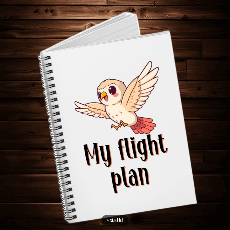 Funny kestrel notebook, cute bird character bravely soaring sideways, lined pages for writing, humorous stationery.