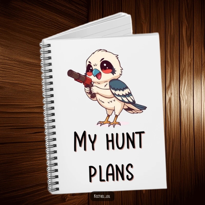 Funny kestrel notebook featuring a smiling bird character hunting with focused delight, perfect for jotting down sharp ideas.