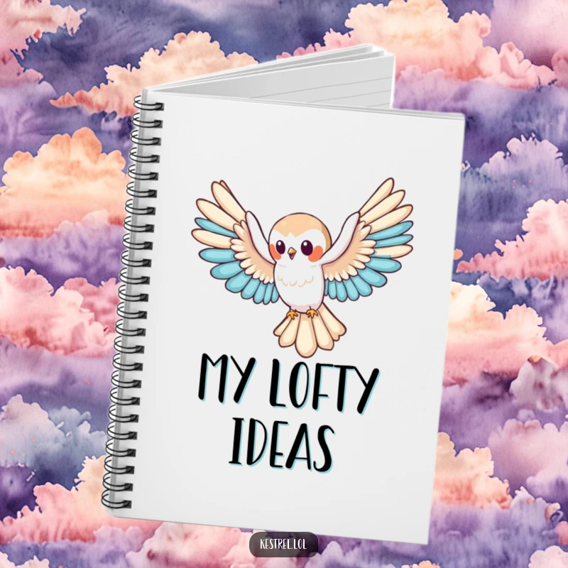 Funny kestrel notebook with a cute character gliding, perfect for jotting down ideas with serene energy, a delightful funny gift.