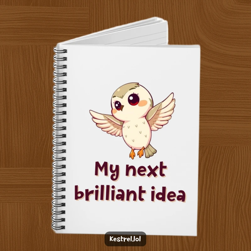 Funny kestrel notebook with a curious bird hovering intently, ideal for note-taking and creative writing. A humorous gift.