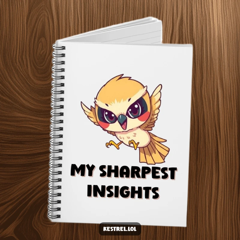 Funny notebook with a determined kestrel character diving with focused intensity, perfect for journaling, planning, and strategic thinking.