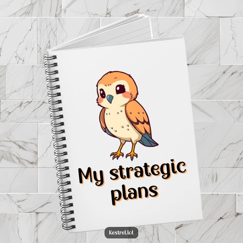 Funny kestrel notebook with a smiling bird squinting its eye in a hunting pose, perfect for planning humorously.
