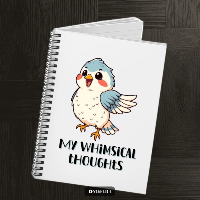 Funny kestrel notebook with a delighted bird dancing in the wind, feathers ruffled, perfect for planning humorously.