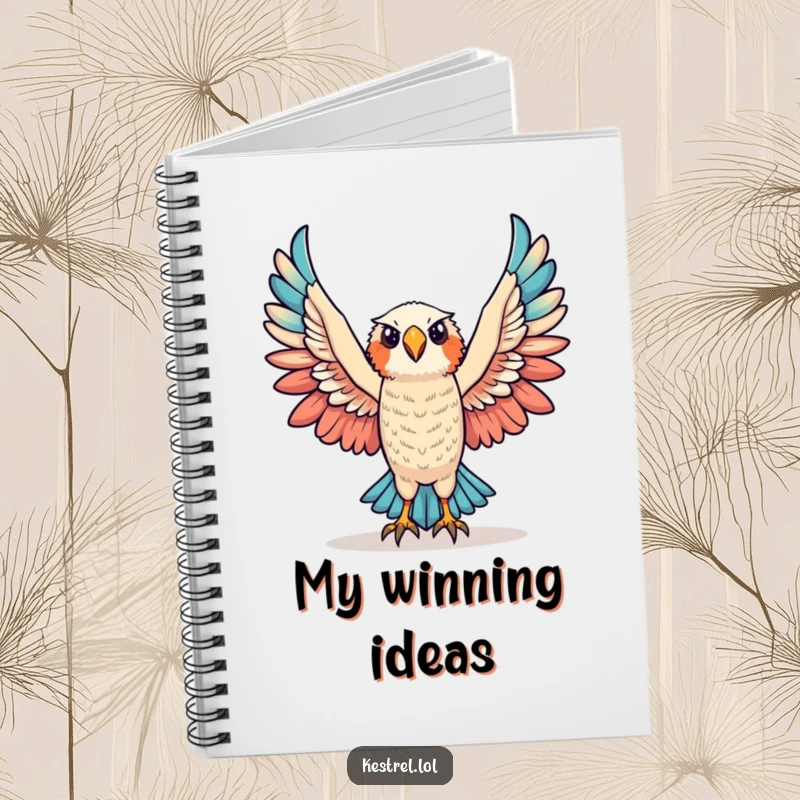 Funny triumphant kestrel notebook featuring a kestrel character raising its wings in victory, perfect for note-taking.