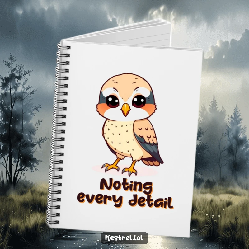 Funny kestrel notebook with a cheerful bird having sharp eyes, scanning the ground, ideal for note-taking.