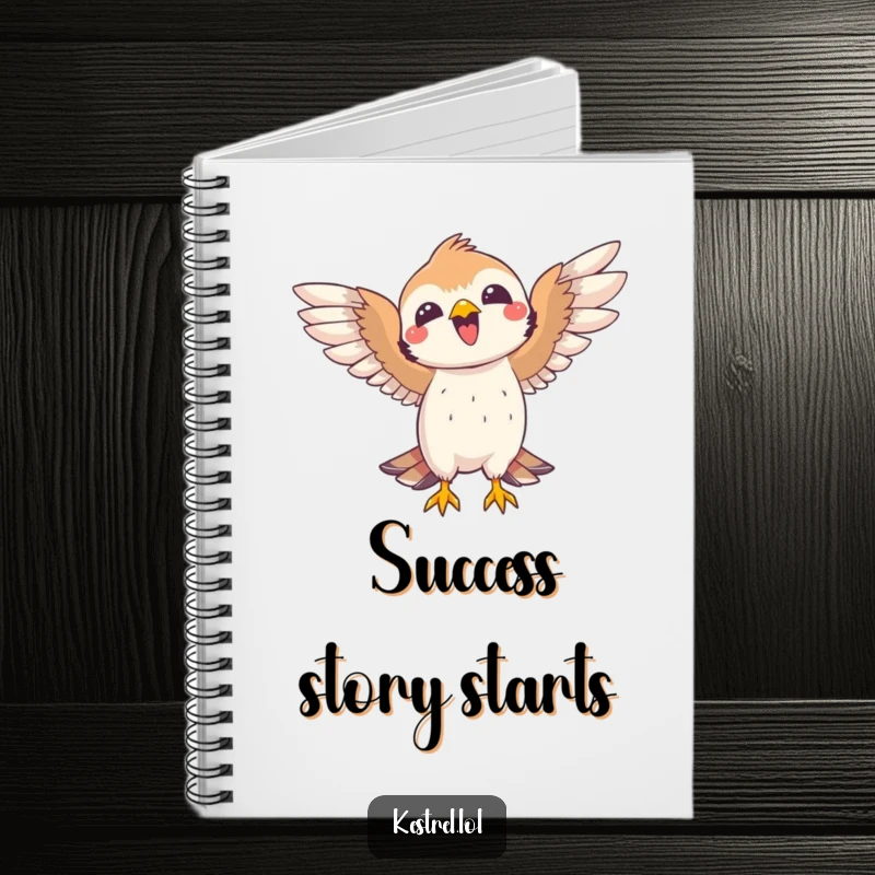 Funny kestrel notebook with a joyful bird celebrating a catch with open wings. Ideal for note-taking and goal tracking.