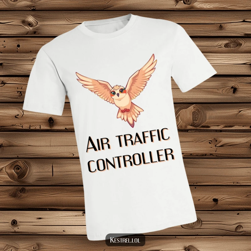 Funny kestrel t-shirt showing a kestrel character gliding smoothly on air currents, exuding freedom and aerial grace.