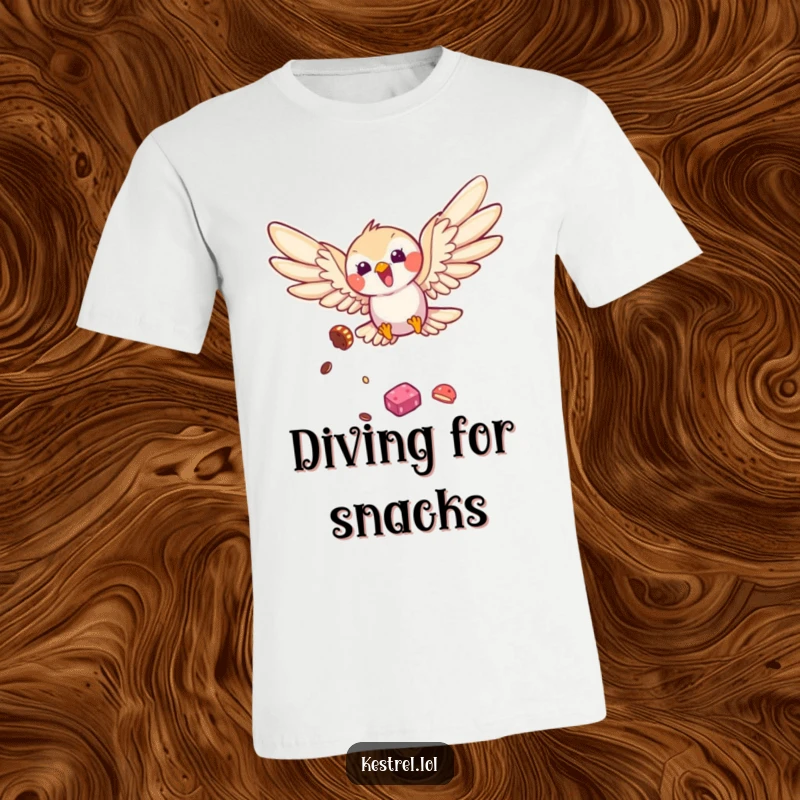 Funny kestrel t-shirt featuring a happy bird diving with wings spread, capturing a moment of pure joy and anticipation for a treat.