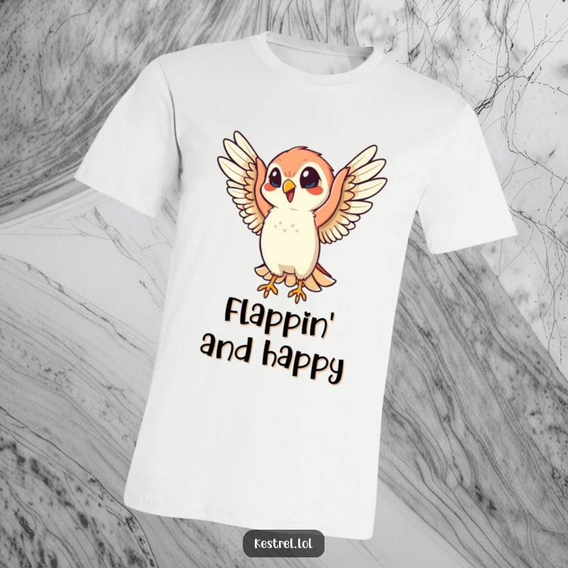 Funny t-shirt with a cheerful kestrel character flapping its wings with infectious energy and a big, happy grin, perfect for bird lovers.