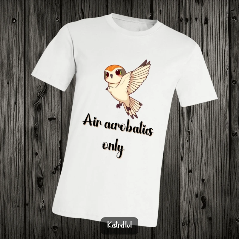 Funny kestrel t-shirt showing a kestrel banking sharply mid-air, symbolizing agility and a humorous take on flight for bird lovers.