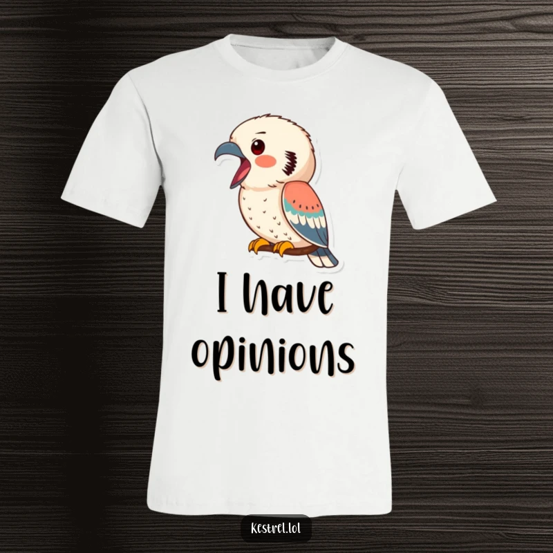Funny kestrel t-shirt featuring a kestrel mid-call, beak wide open, conveying an energetic and vocal personality for bird lovers.