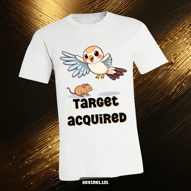 Funny t-shirt graphic of a cartoon kestrel comically swooping down with outstretched wings, targeting a tiny mouse.