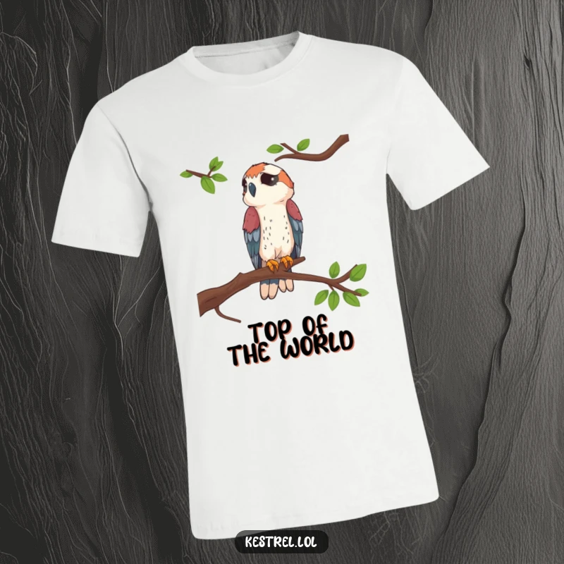 Funny Kestrel Perched T-Shirt depicting a kestrel surveying from a high branch, great for humor-loving bird enthusiasts.