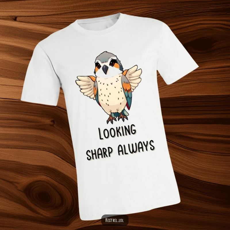 Funny kestrel preens sleek feathers with a proud, focused expression on a stylish t-shirt.