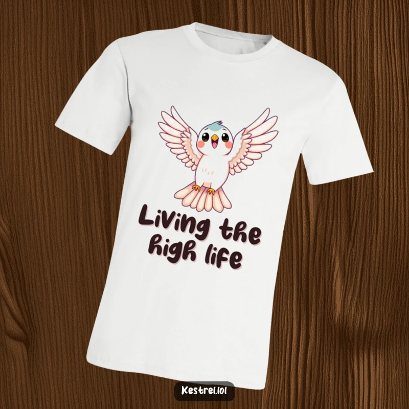 Funny kestrel t-shirt featuring a bird joyfully soaring with wings spread wide, symbolizing freedom and happiness, a humorous gift.