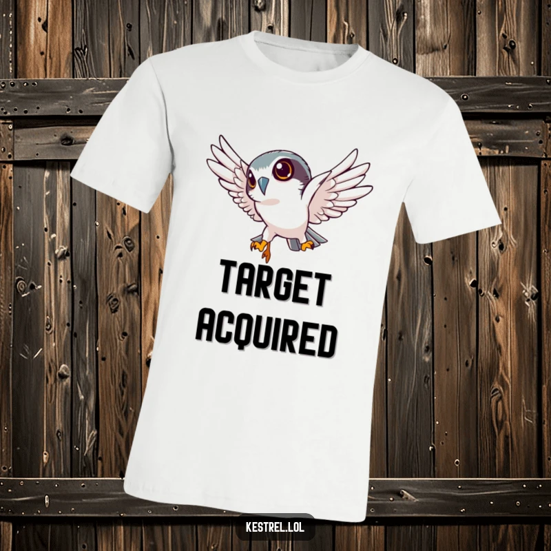 Funny kestrel t-shirt showcasing a determined kestrel character in a sharp, focused dive, radiating intense humorous concentration.