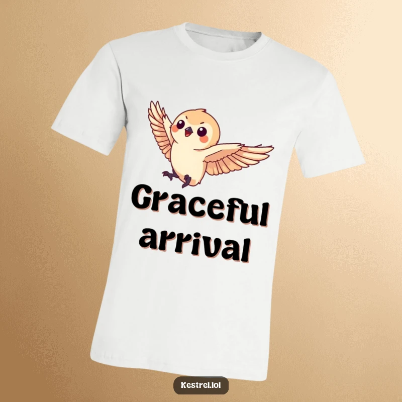 Funny kestrel t-shirt depicting a small kestrel character landing gracefully, embodying poise and effortless style.