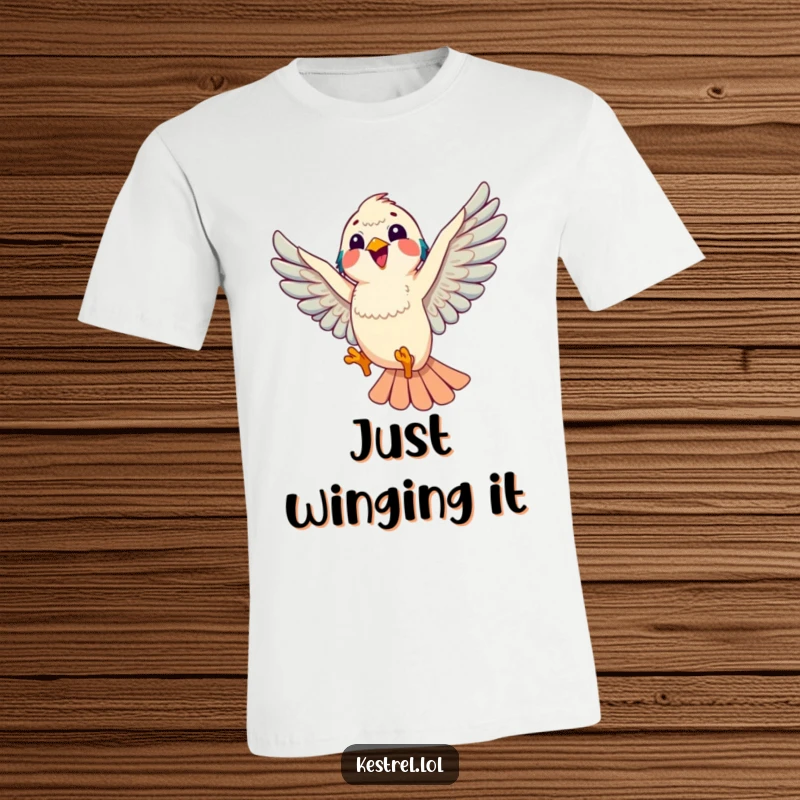 Funny kestrel t-shirt illustrating a kestrel performing a joyful aerial loop, full of energy and happiness, a perfect bird enthusiast gift.