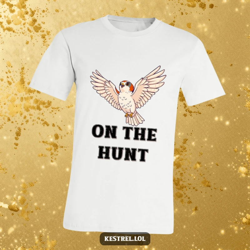 Funny kestrel t-shirt showing a majestic bird of prey soaring majestically with wings spread wide, eyes intensely focused.