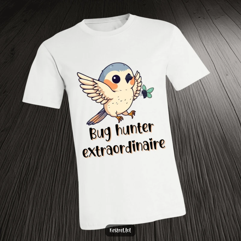 Funny kestrel t-shirt showing a falcon catching a small insect in flight, emphasizing skill and humor, a perfect bird enthusiast gift.
