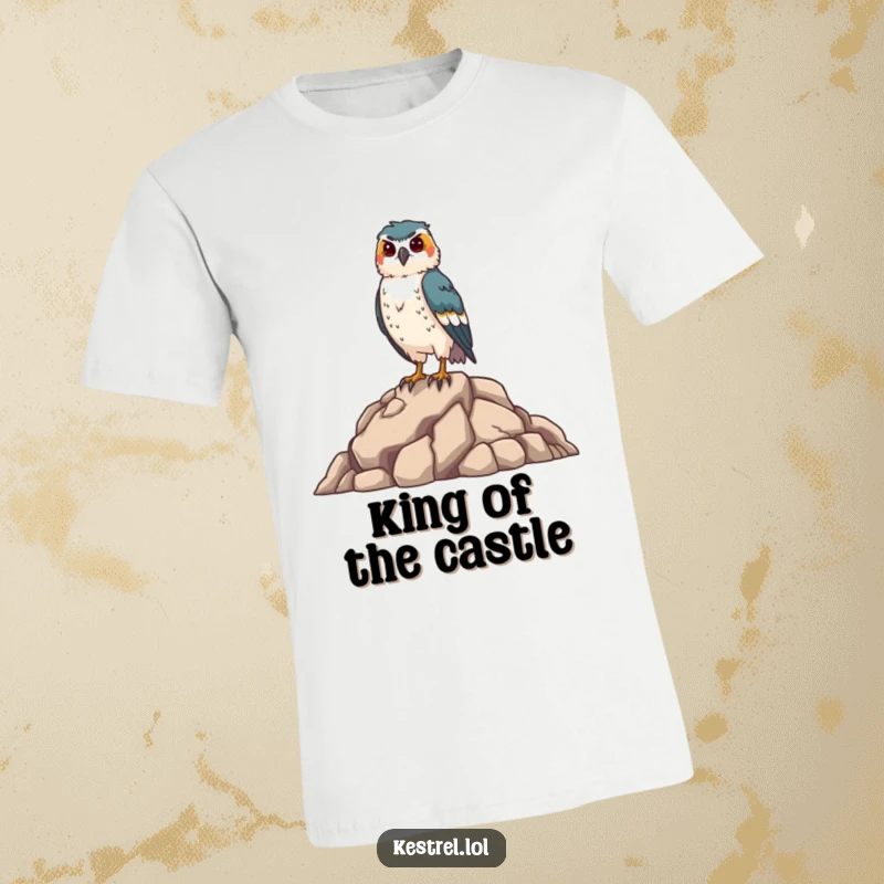 Funny kestrel t-shirt showcasing a proud falcon standing tall on a rock, capturing its regal posture with a humorous twist, an excellent bird gift.