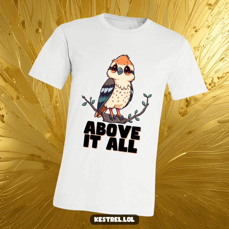 Funny kestrel t-shirt showing a proud bird of prey perched on a high vantage point, looking intently at its surroundings.