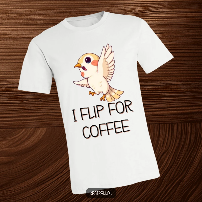Funny kestrel t-shirt, playful bird character doing a loop in the sky, dynamic and energetic, humorous apparel.