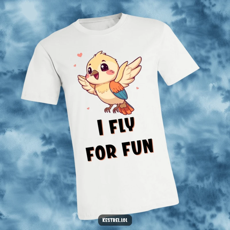 Funny kestrel t-shirt featuring a gleeful bird character soaring gracefully as it catches a playful breeze, a hilarious apparel.