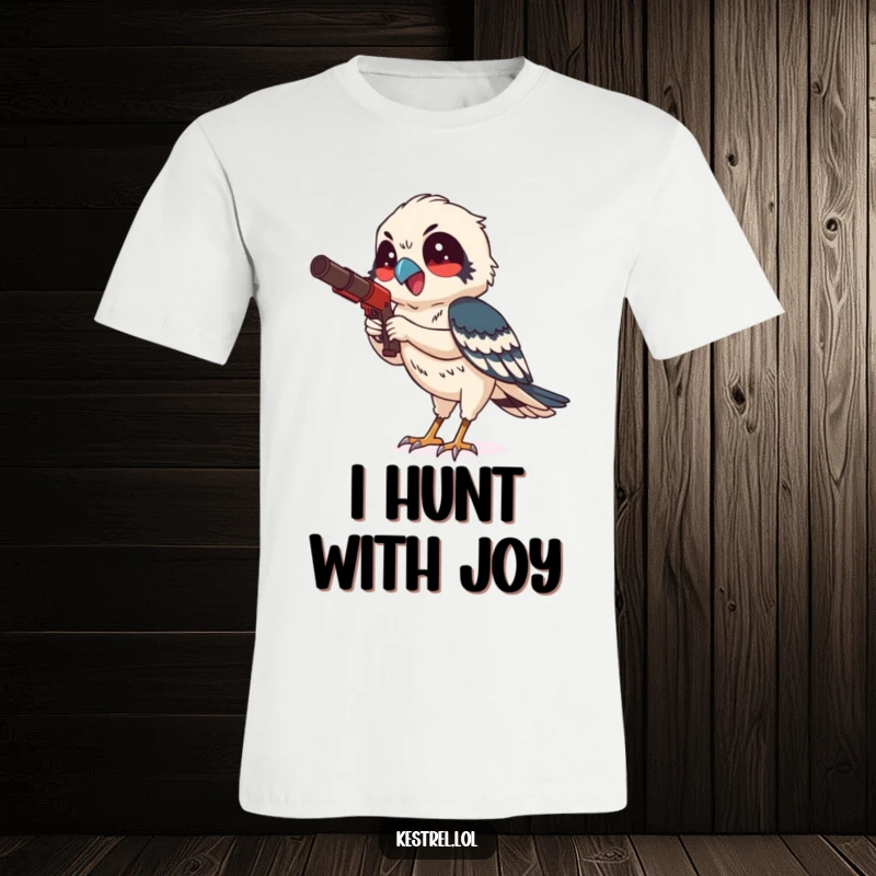 Funny kestrel t-shirt featuring a smiling bird character hunting with intense focus and delight, a humorous and striking design.