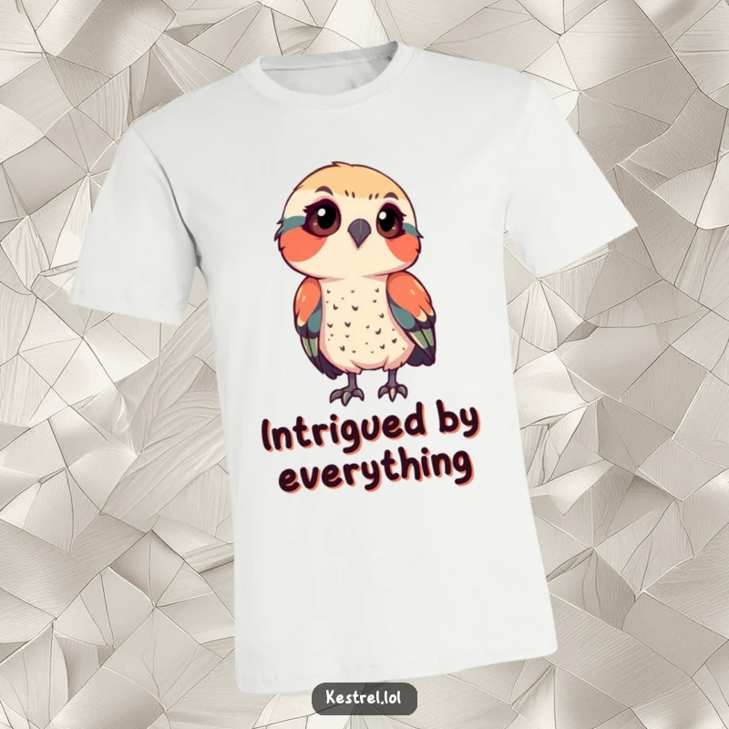 Funny kestrel t-shirt featuring a bird with a tilted head and intense focus, a humorous depiction of curiosity for bird lovers.