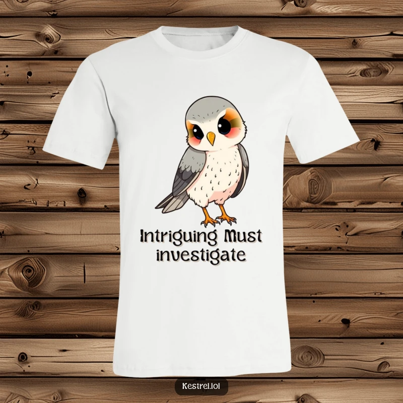 Funny kestrel t-shirt, featuring a curious bird with a tilted head, observing intently; great for bird enthusiasts.