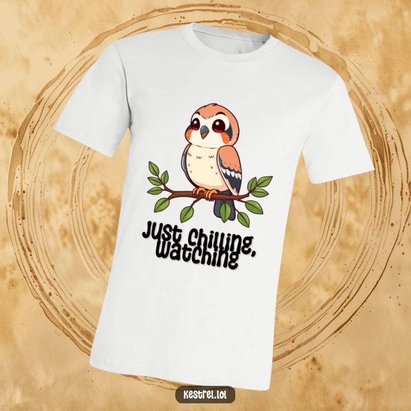 Funny kestrel t-shirt featuring a happy bird perched on a branch, looking around curiously. Humorous and nature-themed.
