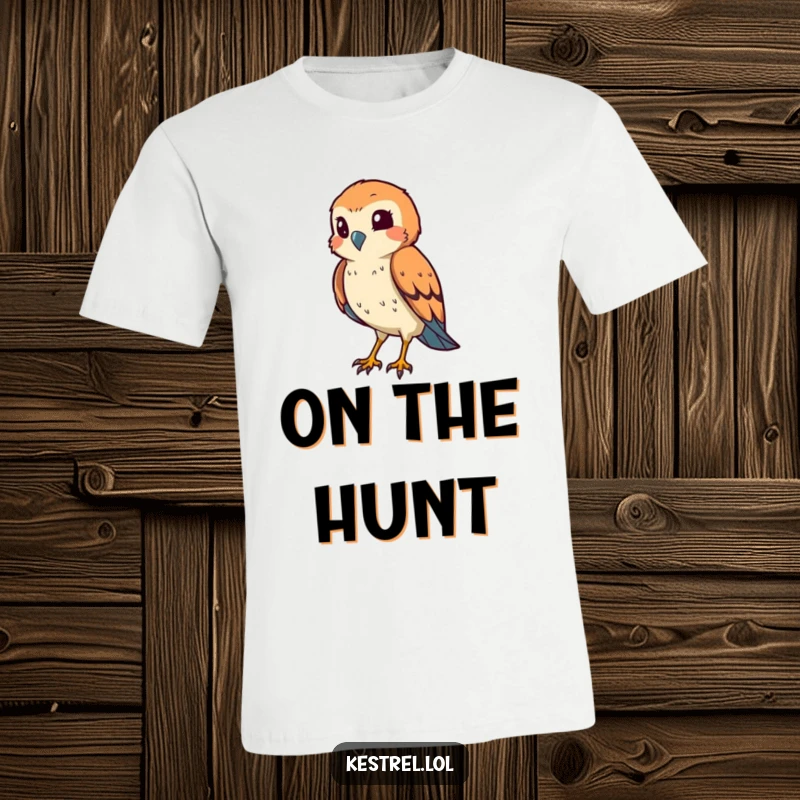 Funny kestrel t-shirt with a smiling bird squinting its eye in a hunting pose, ready for action.