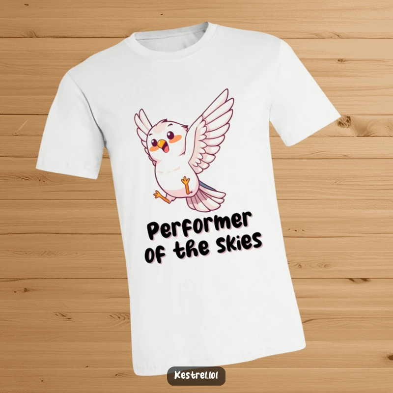 Funny kestrel t-shirt, joyful bird character performing an aerial trick, dynamic and impressive, humorous apparel.