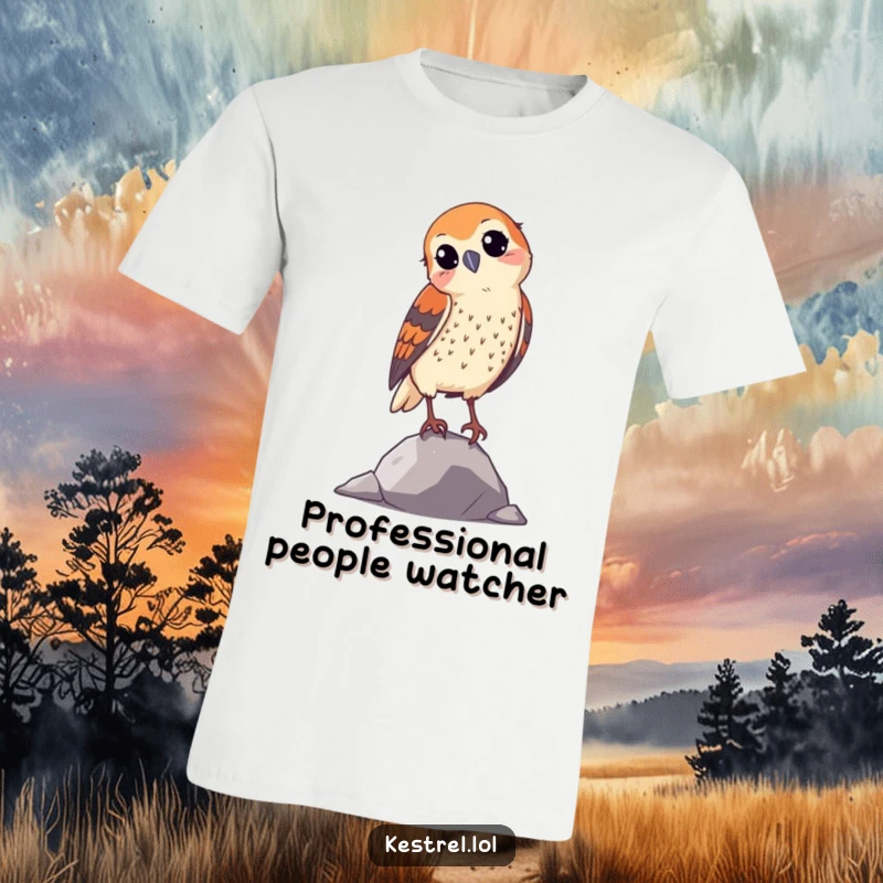 Funny curious kestrel t-shirt, showing a bird tilting its head in observation, ideal for nature lovers.
