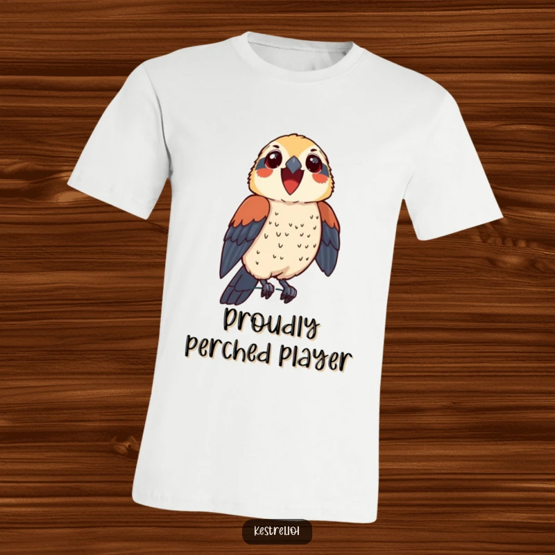Funny kestrel t-shirt featuring a thrilled bird character perched proudly, exuding confidence and joy, a humorous apparel choice.