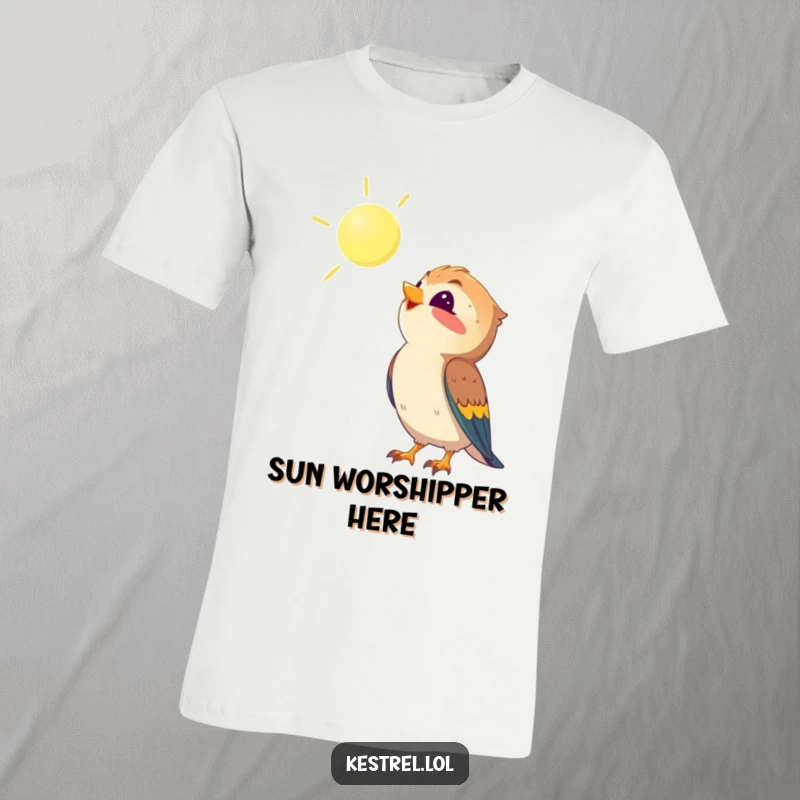 Funny kestrel t-shirt illustrating a kestrel looking up at the sun with delight, expressing pure happiness, a perfect bird enthusiast gift.