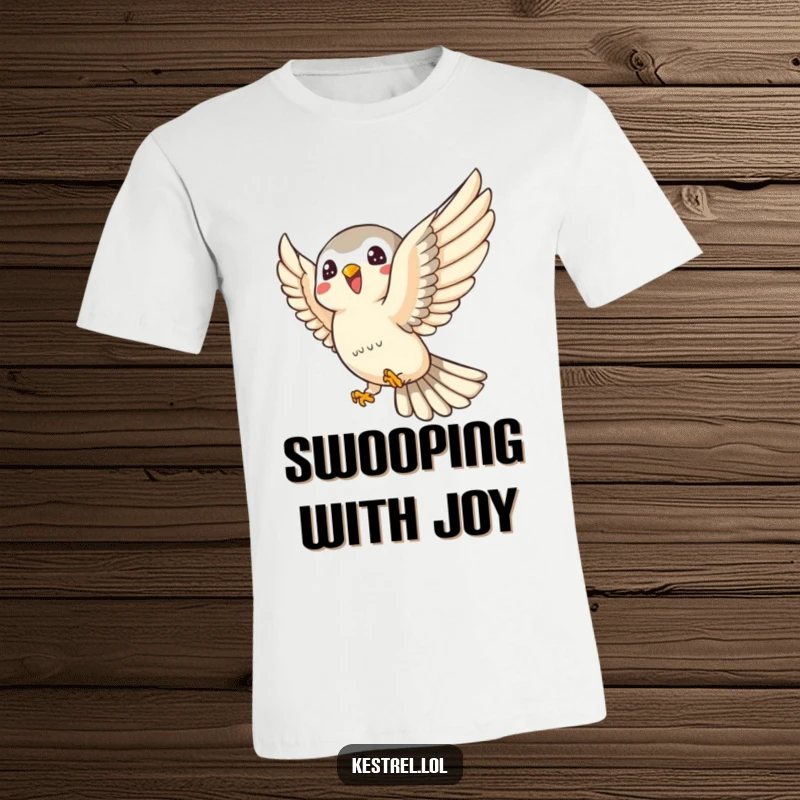 Funny kestrel t-shirt depicting a joyful kestrel character dynamically swooping and playing in the sky, full of life.