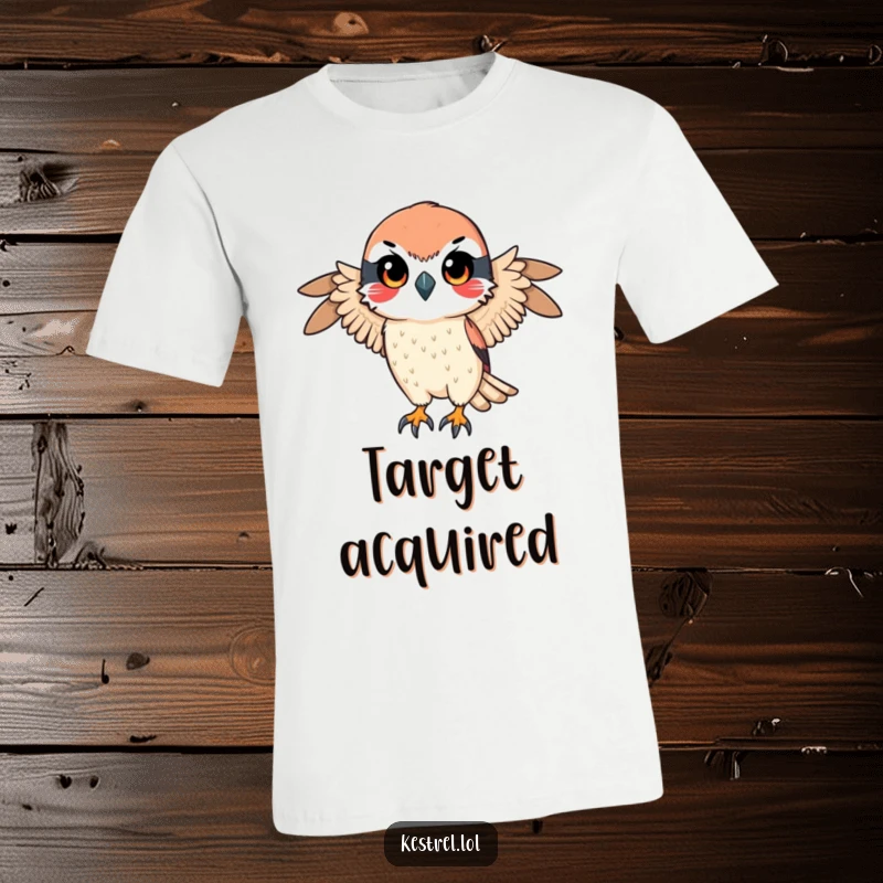 Funny t-shirt showing a kestrel character with a determined gaze, ready for a swift descent, embodying focus and precision for bird enthusiasts.
