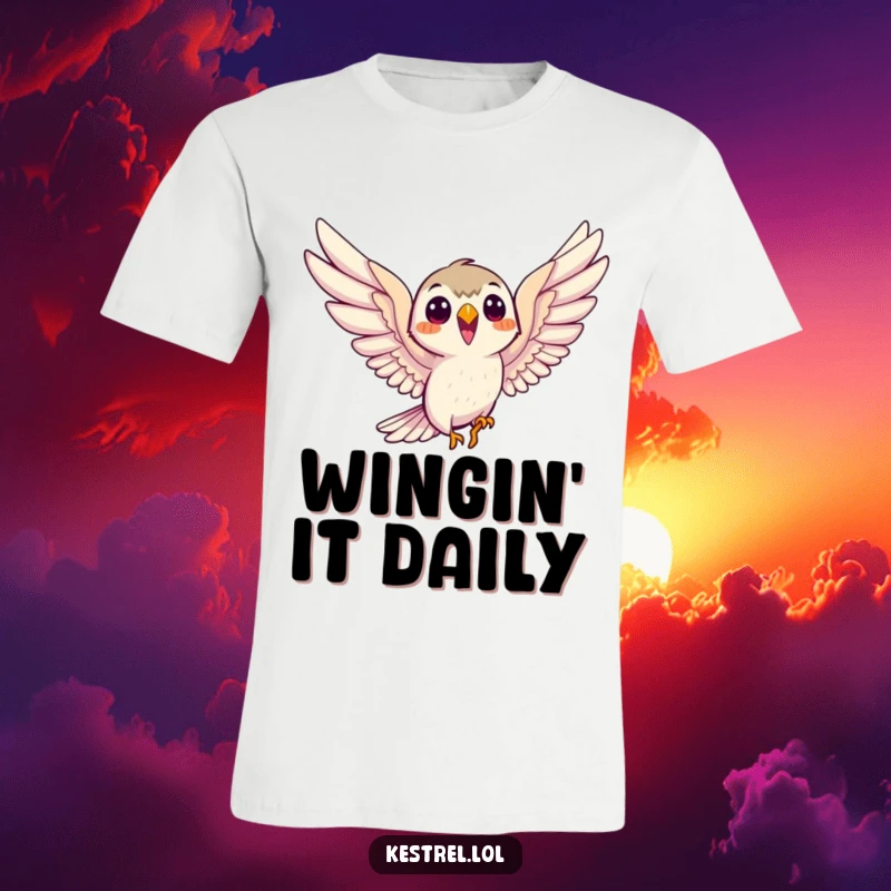 Funny smiling kestrel t-shirt, depicting the bird eagerly soaring with wings outstretched, a symbol of freedom and happiness.