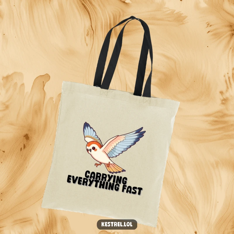 Funny kestrel tote bag with a playful bird gracefully diving through the air, full of energy.