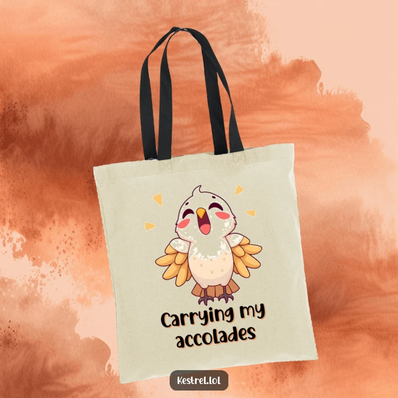 Funny triumphant kestrel tote bag, depicting a bird crying out in victory, practical and bold for carrying essentials.
