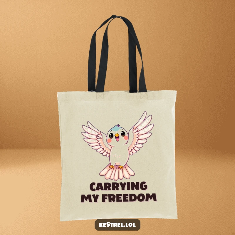 Funny kestrel tote bag depicting a bird joyfully soaring with wide wings, symbolizing freedom and happiness, a humorous gift.