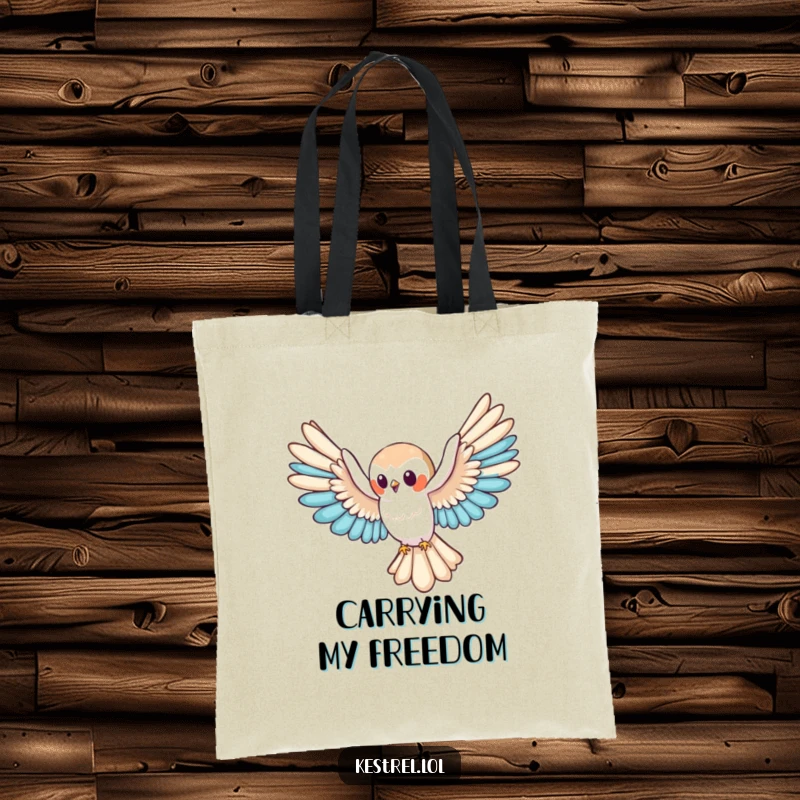 Funny kestrel tote bag with a cute character gliding serenely, ready to carry essentials with effortless style, a practical funny gift.