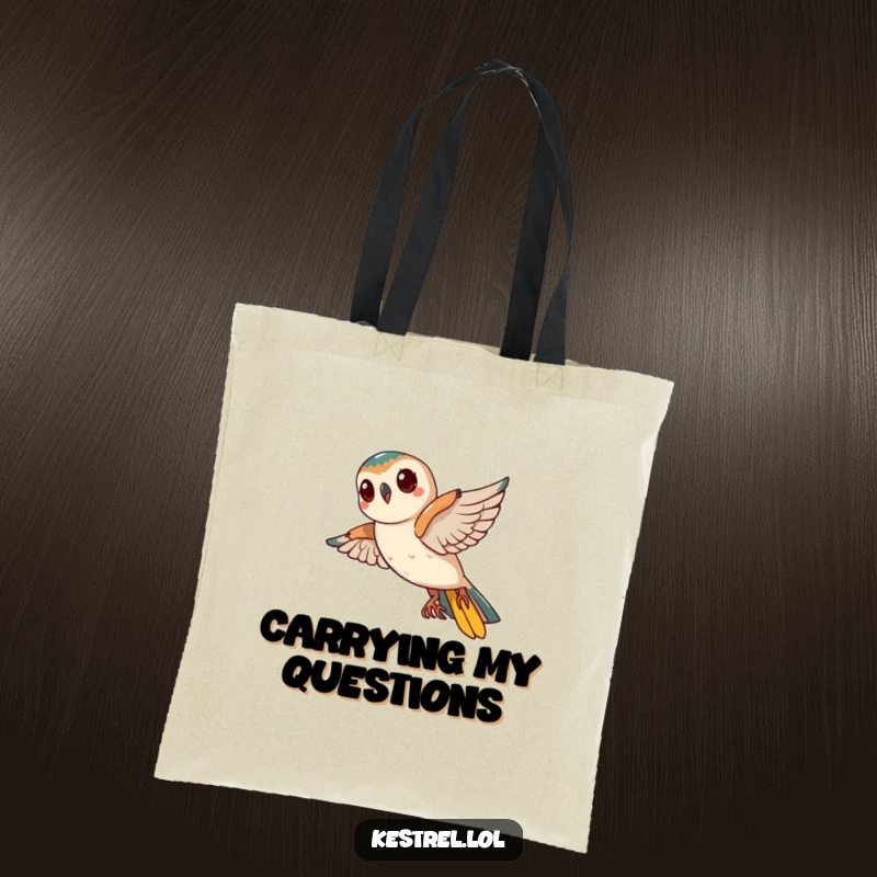 Funny Kestrel Tote Bag: A curious kestrel tilts its head mid-flight, humorously examining its surroundings.